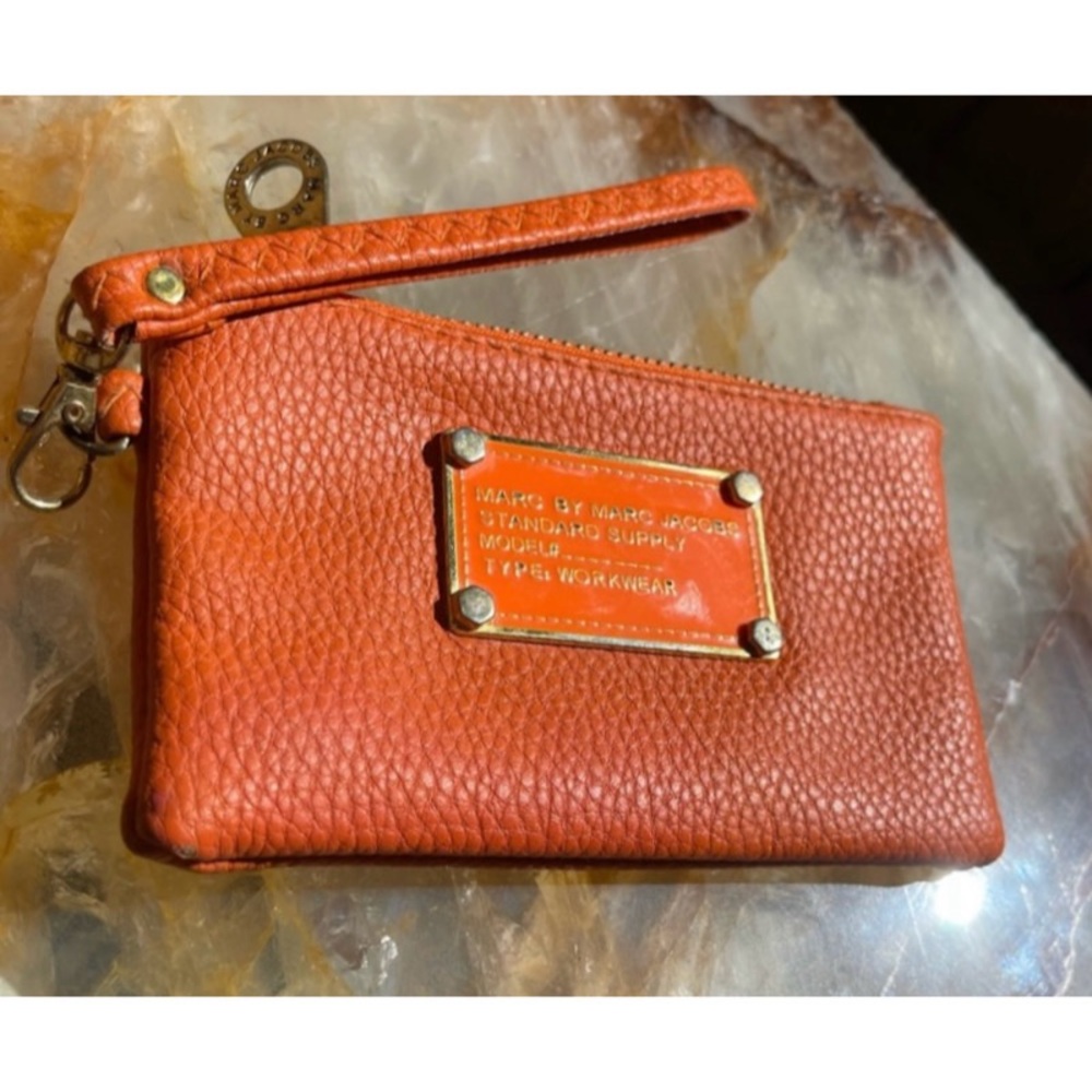 Marc by Marc Jacobs Bright Neon Orange Pebble Leather Small Monogramed Wallet - Picture 11 of 16